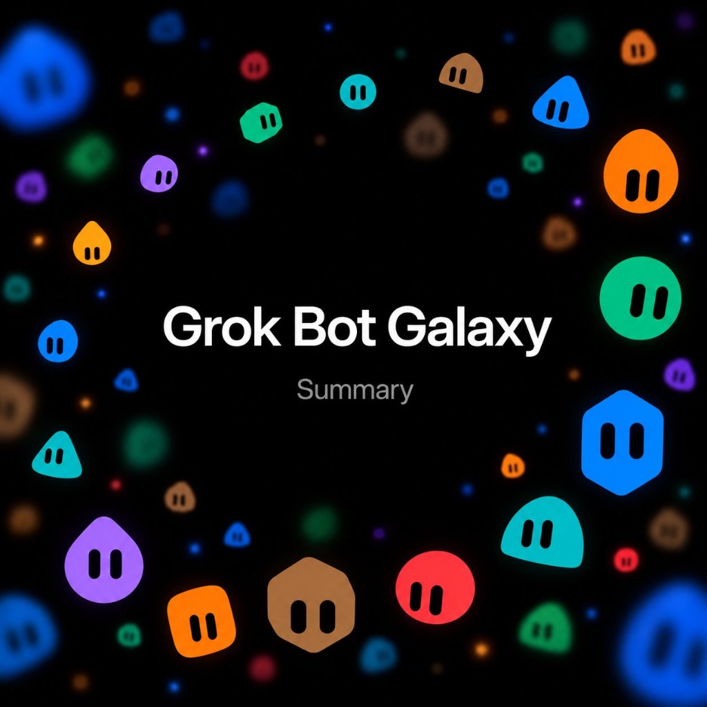 Colorful Grok Bot blobs arranged in a ring around the words Grok Bot Galaxy Summary.